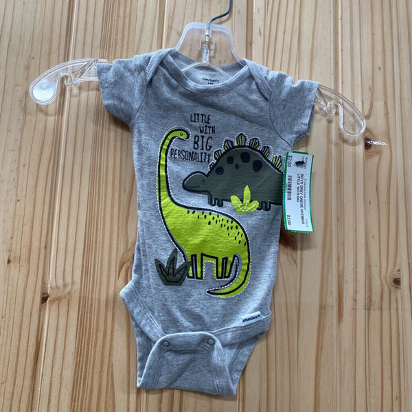 BOYS GREY ONESIE W/DINOS LITTLE WITH BIG PERSONALITY 0/3M