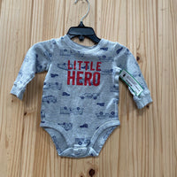 BOYS LITTLE HERO GREY/BLUE/RED LS ONESIE 6M