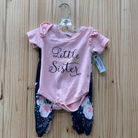 GIRLS LITTLE SIISTER 2PC SET PINK/BLK FLORAL 0/3M