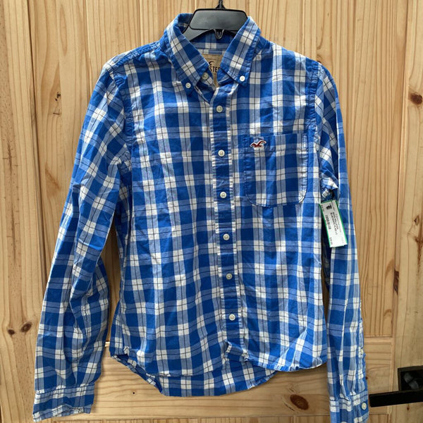 BOYS HOLLISTER BLUE/WHITE PLAID LS BUTTON UP SHIRT L 12