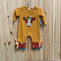 GIRLS TANGERINE ROMPER W/COW W/WHITE DOTS 3/6M