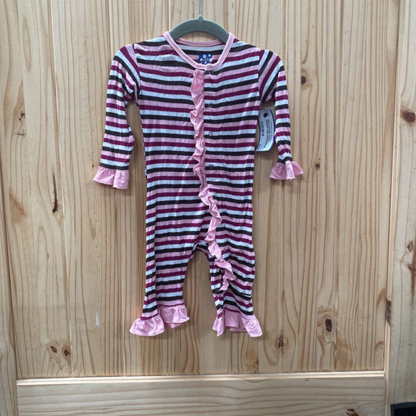 GIRLS KICKEE PANTS ROMPER PINK/WHITE/BROWN STRIPE 0/3M