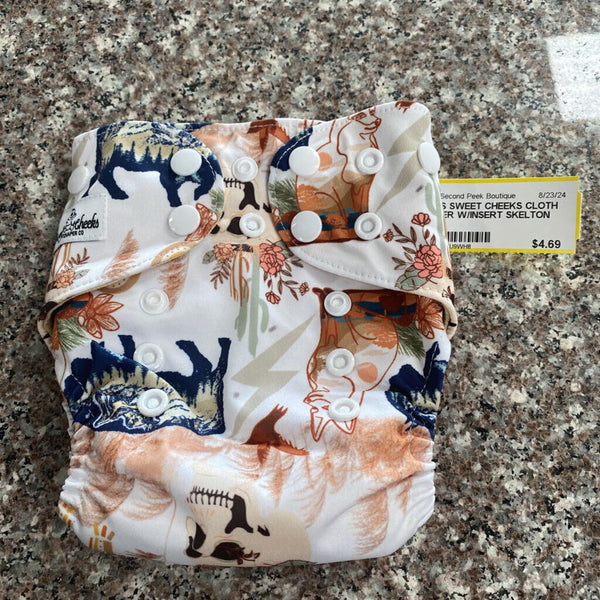 BOYS SWEET CHEEKS CLOTH DIAPER W/INSERT SKELTON HEAD/BUFFALO/BIRD