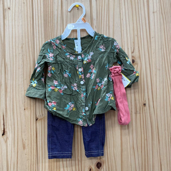 GIRLS CARTERS 3PC SET OLIVE GREEN FLORAL/DENIM/MAUVE 6M