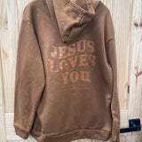 WOMENS JESUS LOVES YOU BRWN HOODIE M