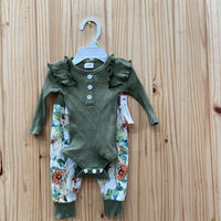 GIRLS 2PC SET OLIVE GREEN/IVORY 0/3M