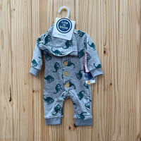 BOYS LIFE IS GOOD 2PC SET GREY W/DINOS 0/3M NWT