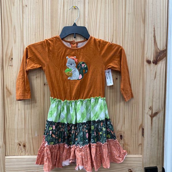 GIRLS LS DRESS RUST/LIME W/SQUIRREL 6?