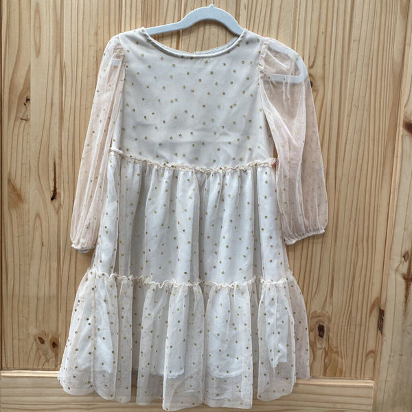 GIRLS CREME/GOLD DOT DRESS 5/6?