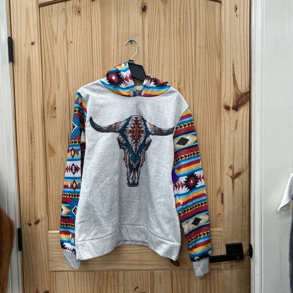 WOMENS GREY HOODIE W/INDIAN ART /COYOTE HEAD L