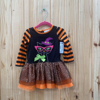 GIRLS RARE EDITIONS ORANGE/BLK STRIPE DRESS W/CAT 18M