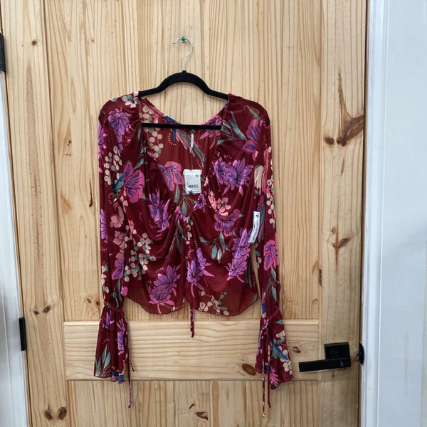 WOMENS FREE PEOPLE WINE FLORAL SHEER TOP L NWT