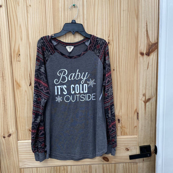 WOMENS BABY ITS COLD OUTSIDE LS SHIRT GREY/WINE/BLK M NWT