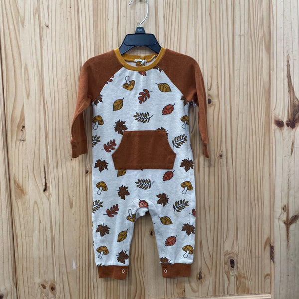 THANKSGIVING THEME ROMPER W/LEAVES/MUSHROOMS TAUPE/RUST 12M SPW