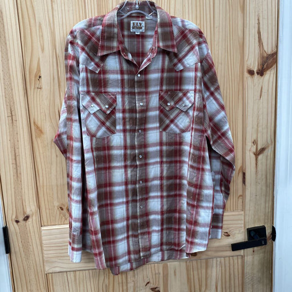 MENS ELY CATTLEMAN LS PLAID SHIRT RED/WHITE/BROWN XL