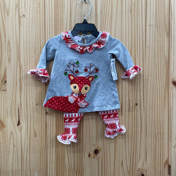 GIRLS BONNIE BABY 2PC SET GREY/RED/WHITE W/REINDEER 3/6M