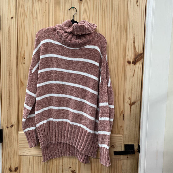 WOMENS POL SWEATER DK MAUVE/WHITE STRIPE L NWT