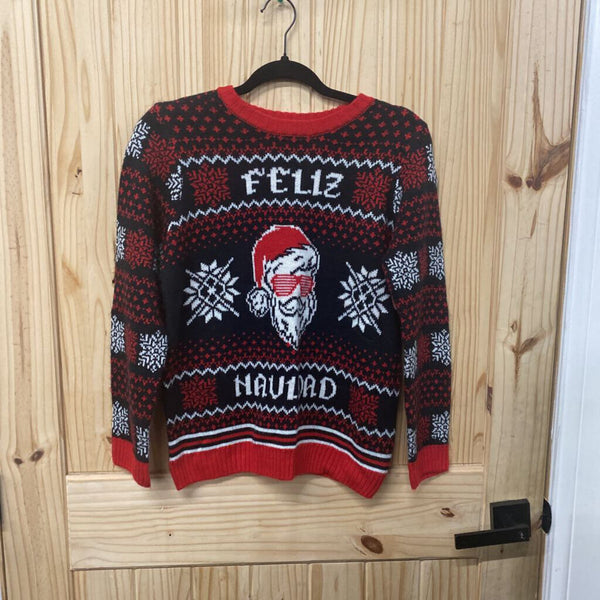 BOYS FELIZ NAVIDAD SWEATER RED/WHITE/BLK W/SANTA L 10/12 HUSKY SPW