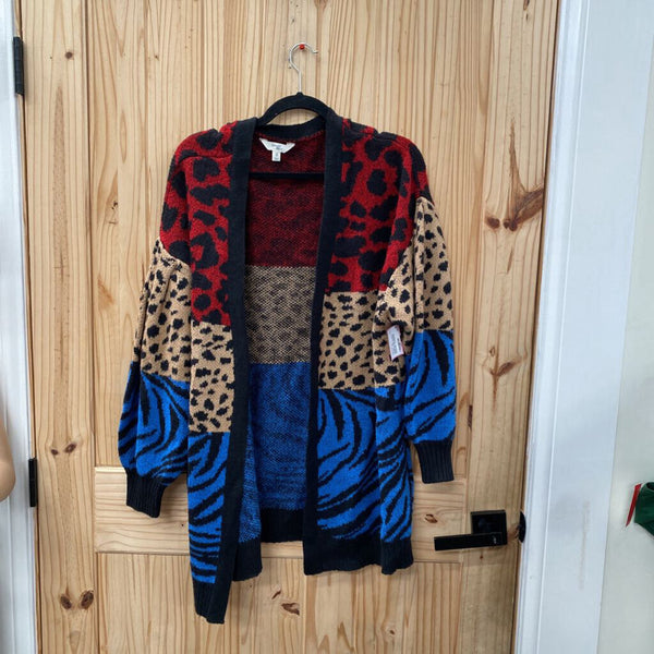 WOMENS TERRA & SKY RED/BLUE/TAN LEOPARD SWEATER CARDIGAN 0X