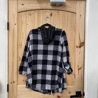 WOMENS NOW N FOREVER GREY/BLK PLAID HOODED CARDIGAN 2X