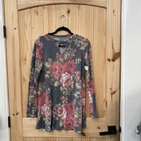 WOMENS LS GREY FLORAL TOP L