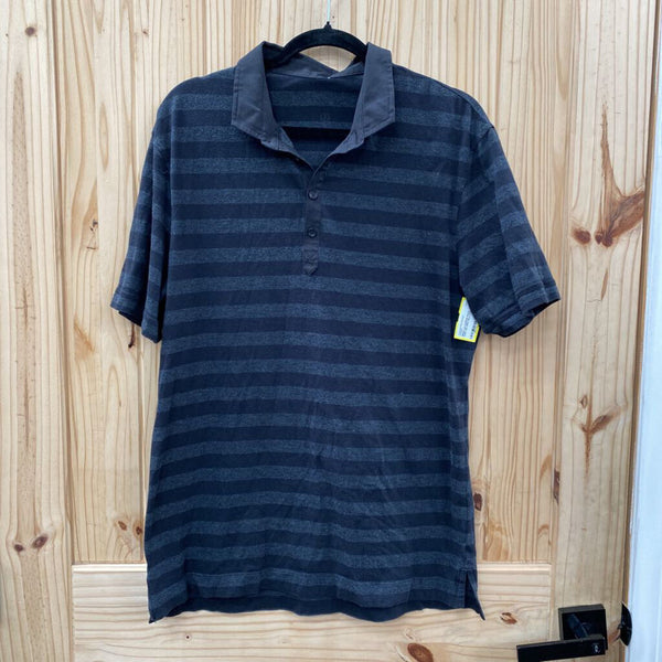 MENS LULULEMON POLO SHIRT DK GREY/BLK STRIPE L