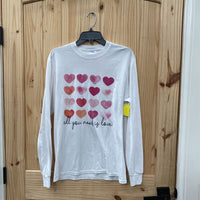 WOMENS WHITE LS SHIRT ALL YOU NEED IS LOVE W/HEARTS M