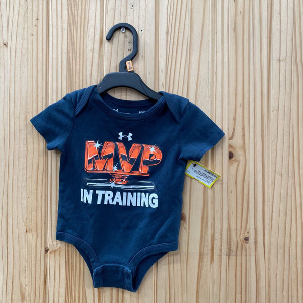 BOYS UNDER ARMOUR DK TEAL/ORANGE/WHITE MVP IN TRAINING ONESIE 6/9M