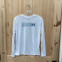 BOYS UNDER ARMOUR LS WHITE/TEAL SHIRT YXL 14