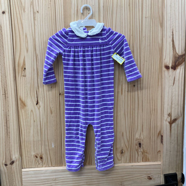 GIRLS RALPH LAUREN PURPLE/WHITE STRIPE LS ROMPER 12M