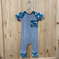 GIRLS RAGS LT GREY/TEL FLORAL ROMPER 6/12M