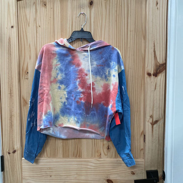 WOMENS DANCE & MARVEL TYE DYE CROP TOP HOODED SHIRT L NWT