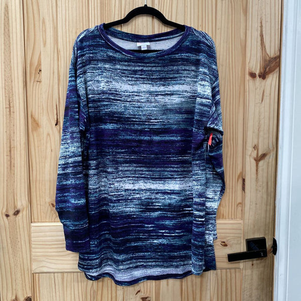 WOMENS LULAROE CASUAL TOP WHITE/BLK PURPLE L