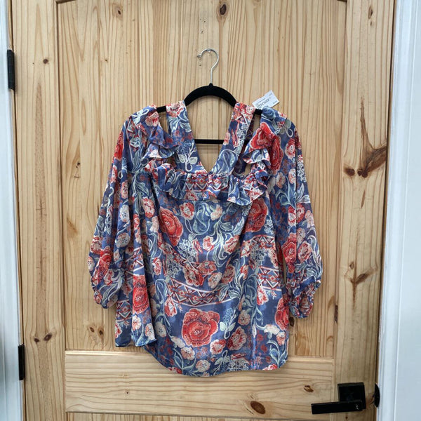 WOMENS CATO CASUAL SL TOP FLORAL RED/BLUE 18/20W