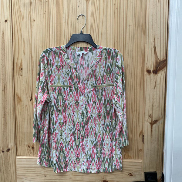 WOMENS EMILY DANIEL CASUAL TOP PINK/GREEN W/SILVER SEQUINS XL