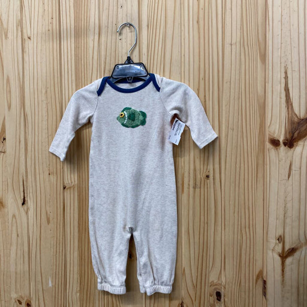 BOYS MUDPIE LT TAN ROMPER W/FROG 0/3M