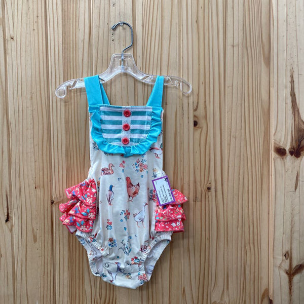 GIRLS IVORY/CORAL SL ROMPER W/DUCKS/FLOWERS/HEN 18/24M