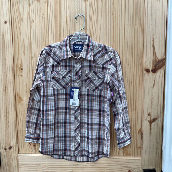 BOYS WRANGLER LS BUTTON UP SHIRT TAN/BROWN PLAID L 10/12 NWT