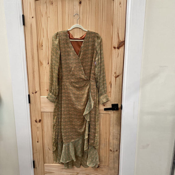 WOMENS JUSTIN CASUAL DRESS OLIVE GREEN/CARAMEL L NWT