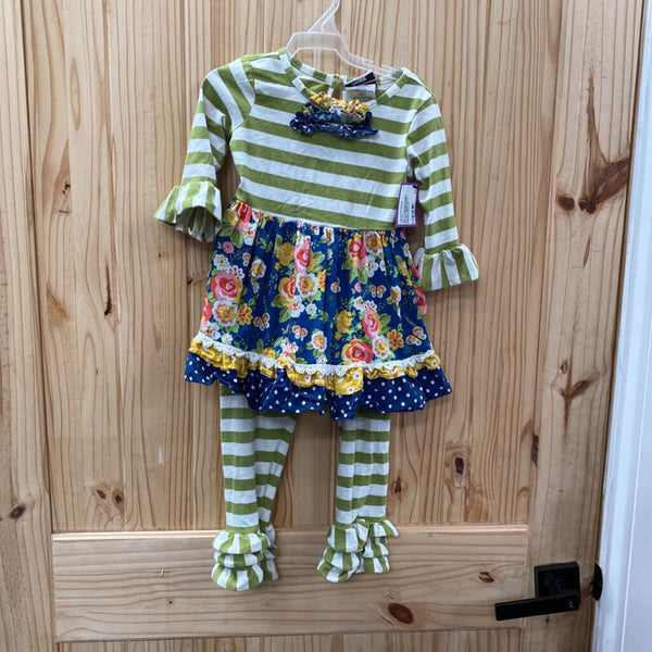 GIRLS COUNTING DAISIES 2PC SET GREEN/WHITE STRIPE/FLORAL 4T