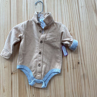 BOYS LITTLE LAD BEIGE LS ONESIE SHIRT 3/6M