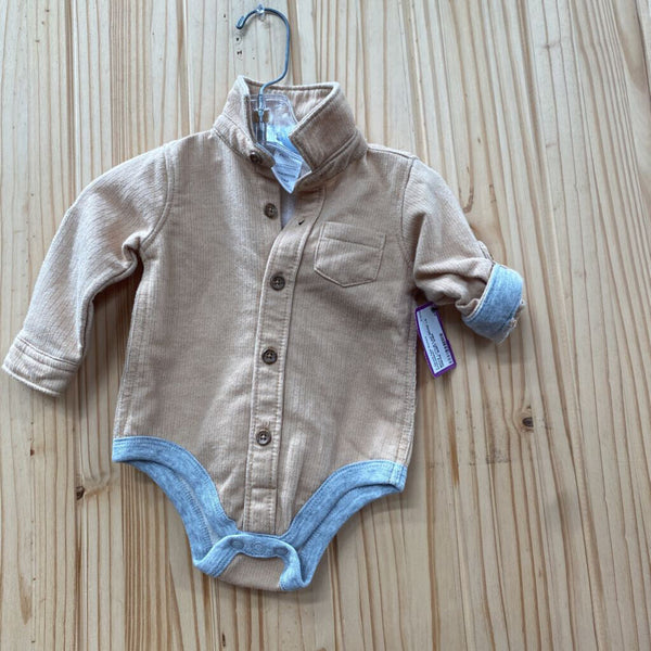 BOYS LITTLE LAD BEIGE LS ONESIE SHIRT 3/6M