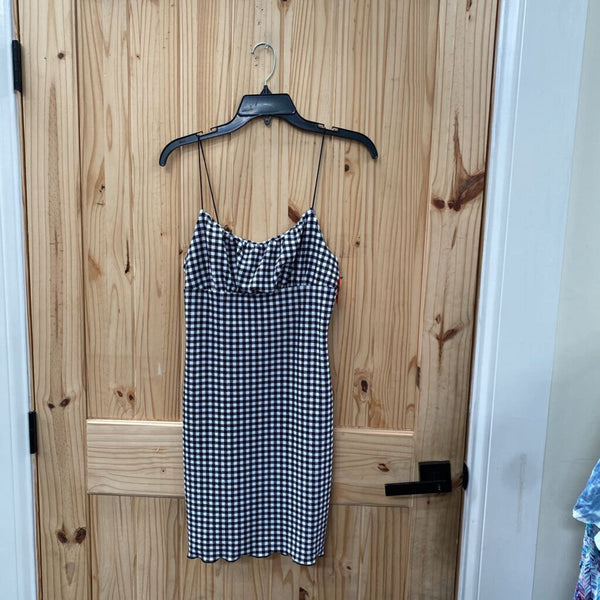 WOMENS NO COMMENT BLK/WHITE CHECKERED SL DRESS L