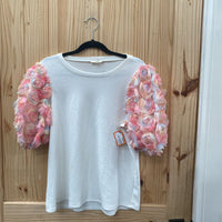 WOMENS ENTRO CASUAL TOP WHITE/PINK W/PUFFY SLEEVES S