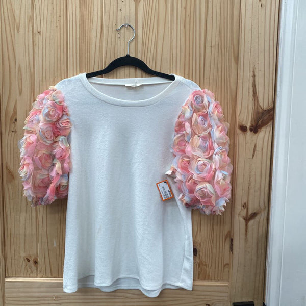 WOMENS ENTRO CASUAL TOP WHITE/PINK W/PUFFY SLEEVES S