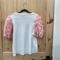 WOMENS ENTRO CASUAL TOP WHITE/PINK W/PUFFY SLEEVES S