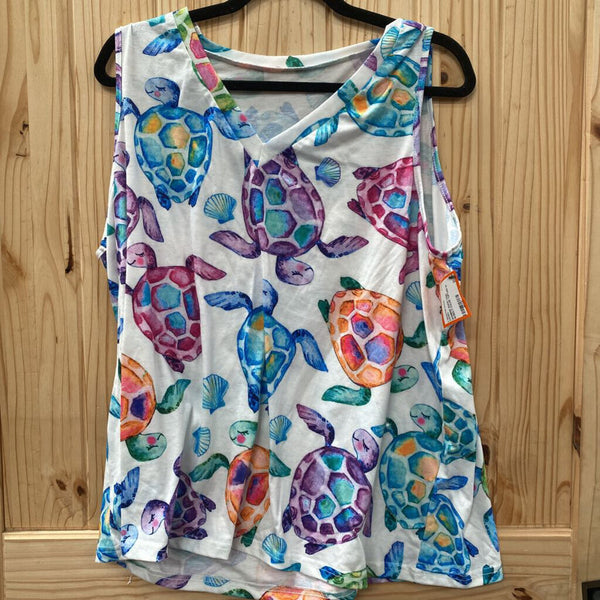 WOMENS WHITE TANK W/MULTI COLOR TURTLES 2X