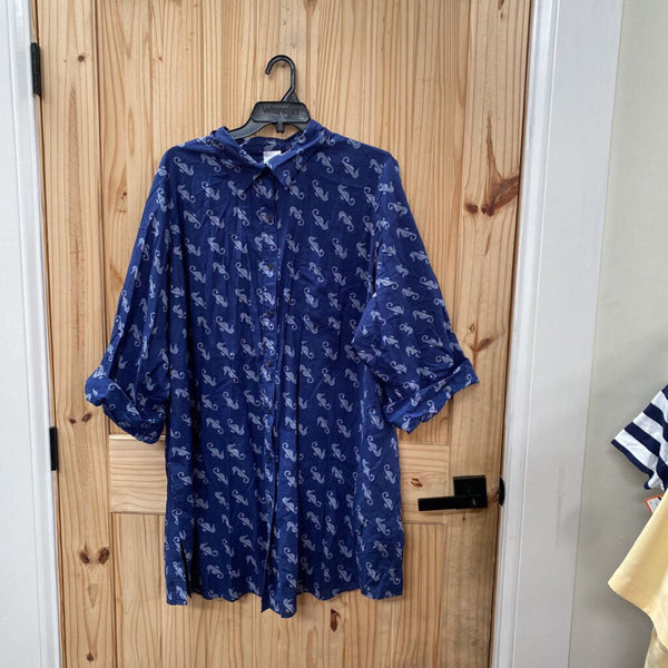 WOMENS LAND'S END NAVY BLUE/WHITE SEA HORSES 2X