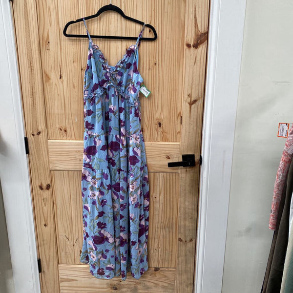 WOMENS SKY BLUE SL DRESS W/PINK/PURPLE FLOWERS M