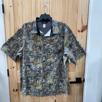 MENS WALLS BUTTON UP SHIRT TAUPE/DK GREY W/ OIL MACHINES 3XL
